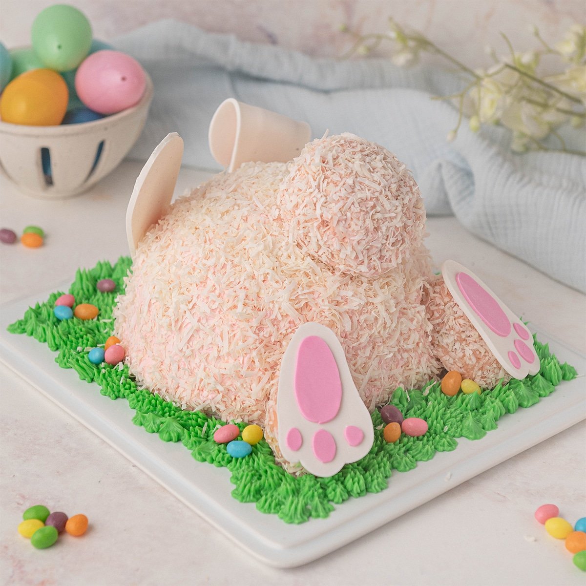 bunny butt cake on a cake board