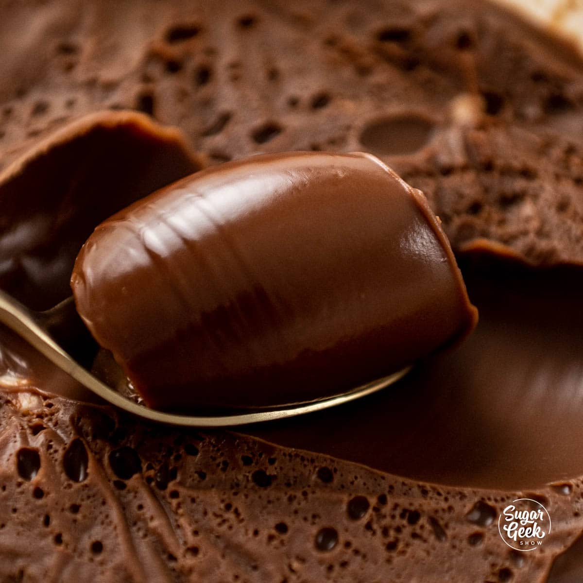 closeup of chocolate ganache on a spoon