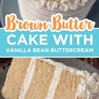 pinterest image for brown butter cake with vanilla bean buttercream
