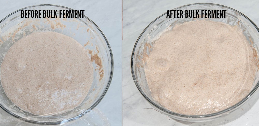 before and after photo of rising dough in clear bowl