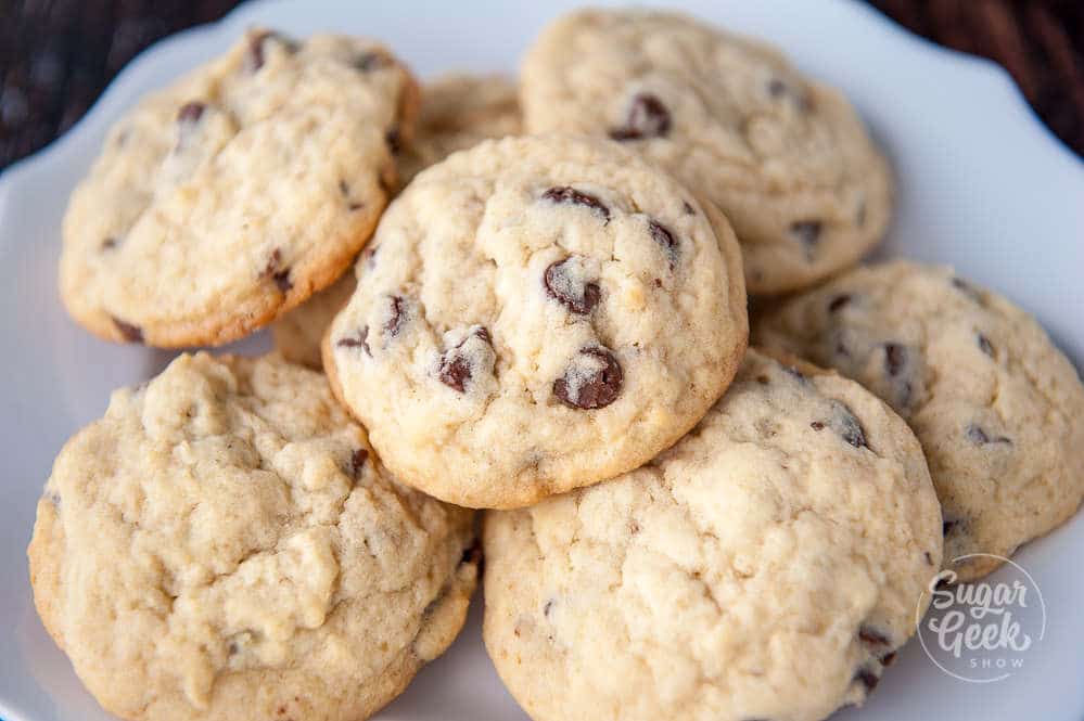cakey chocolate chip cookies on a white plate