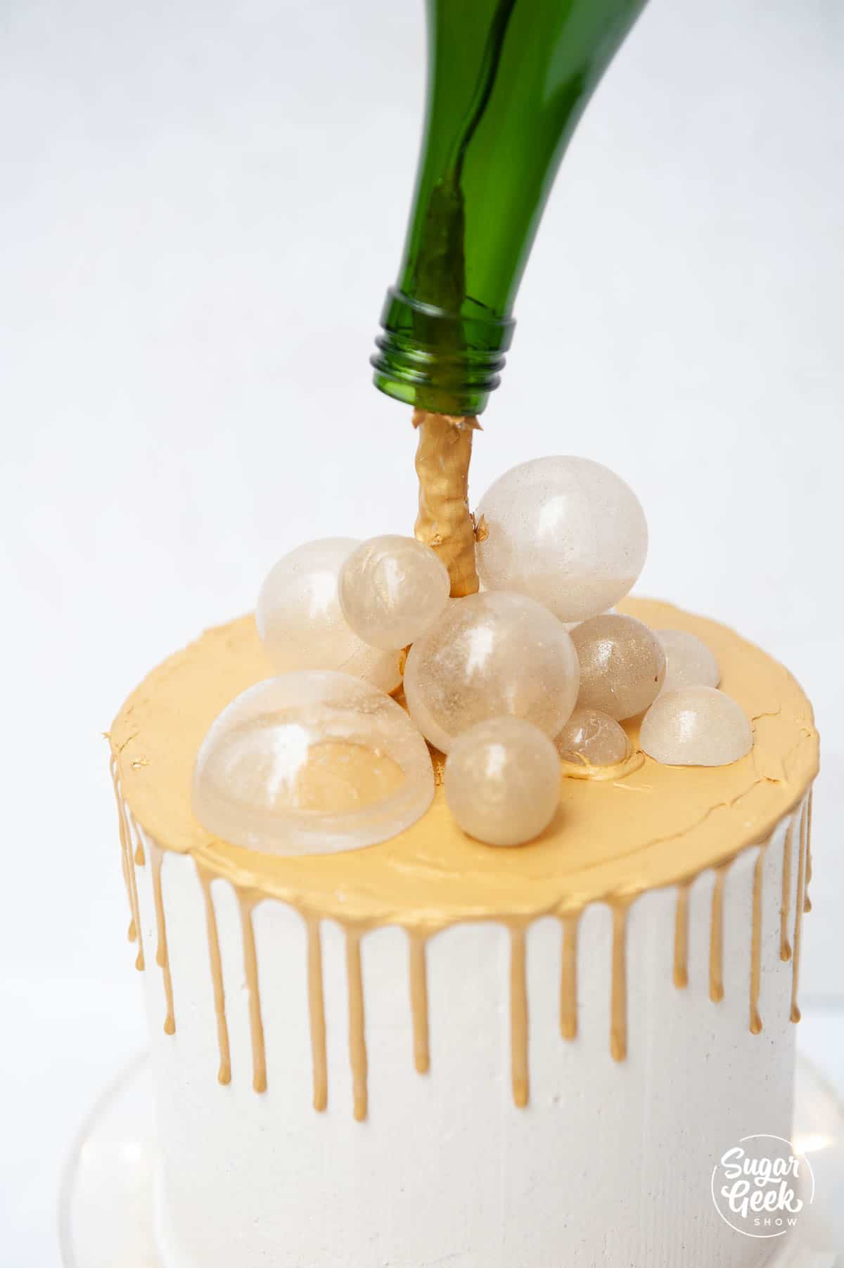 close up of sugar bubbles on a champagne cake