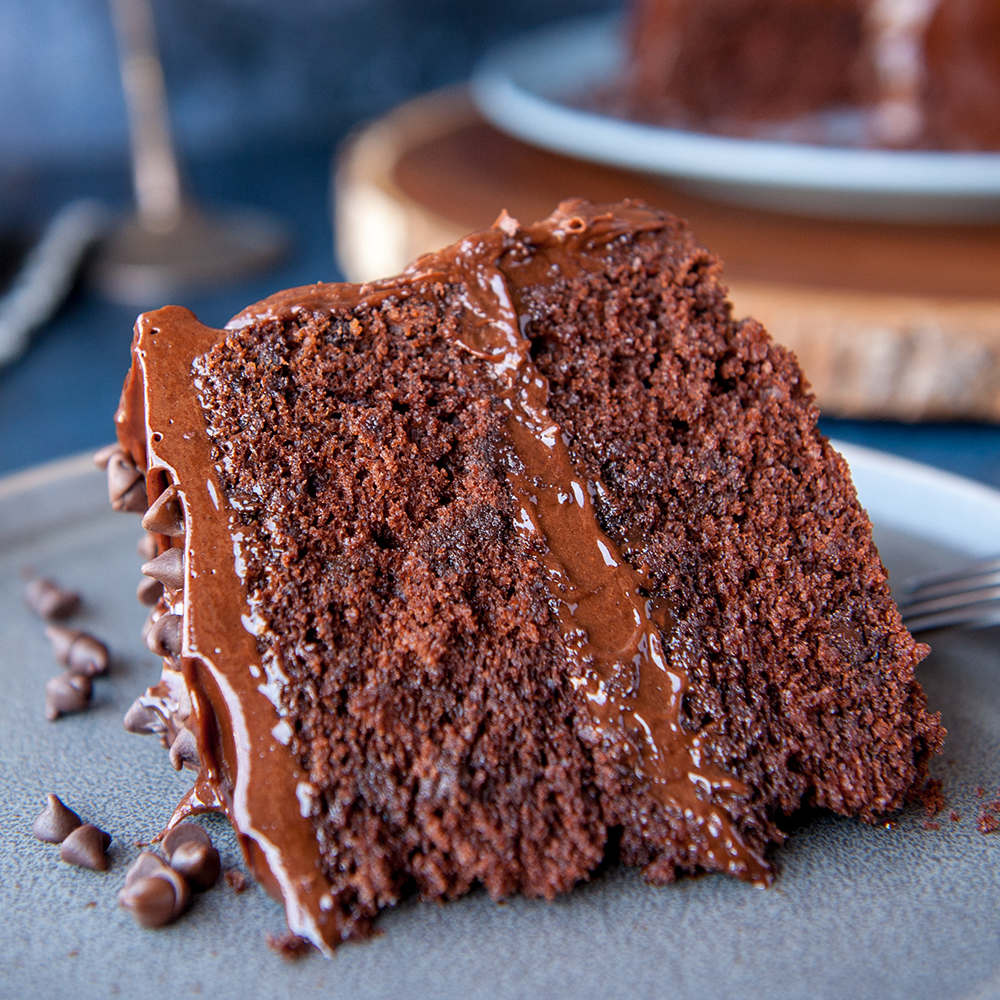 closeup of slice of chocolate wasc cake with chocolate ganache