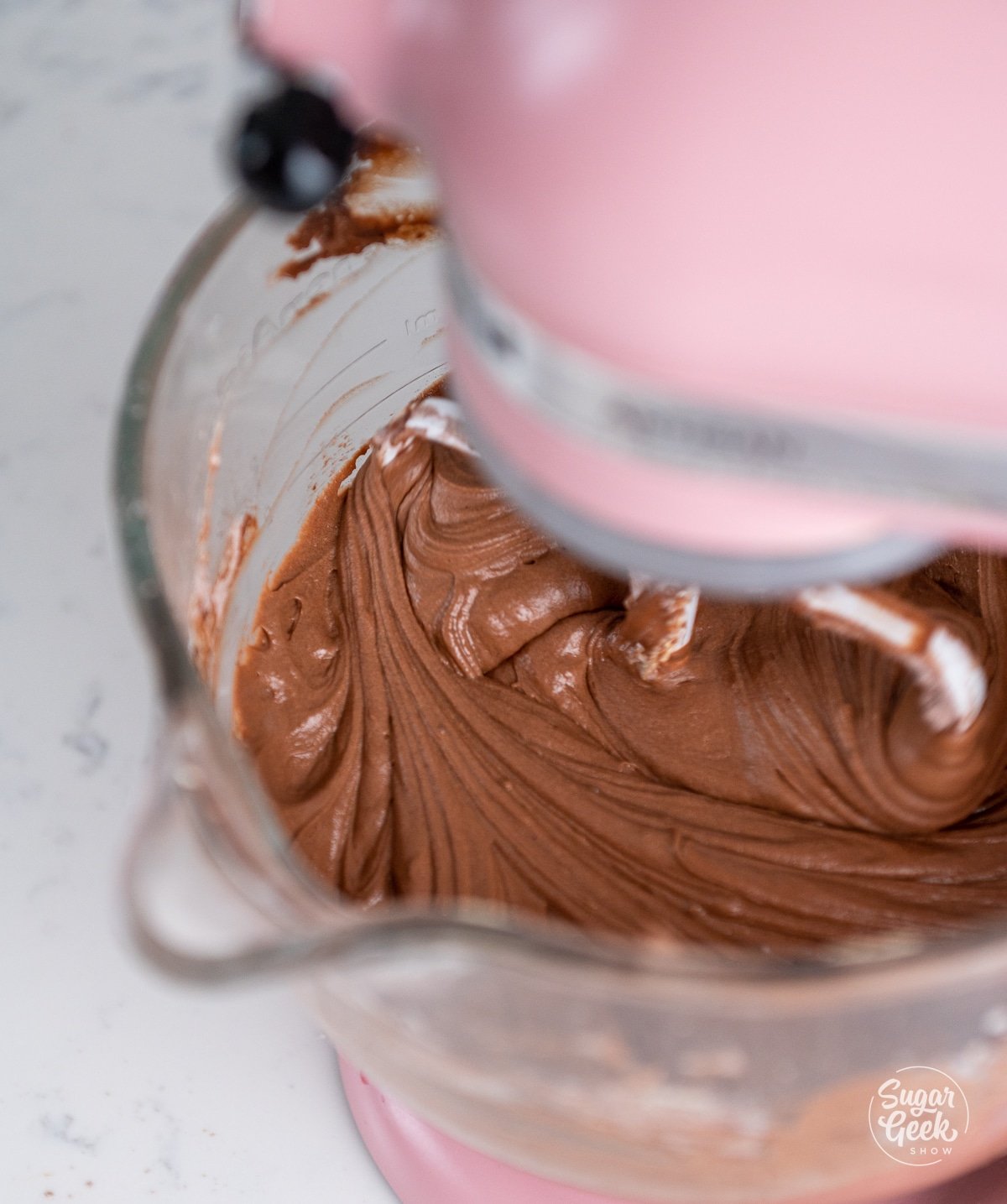 finished chocolate cupcake batter in the stand mixer.