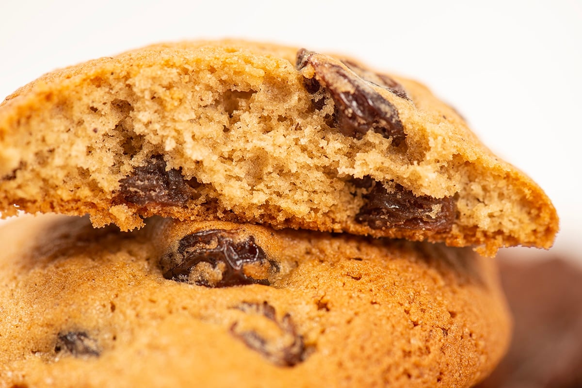 close up of chocolate chip cookie cut in half