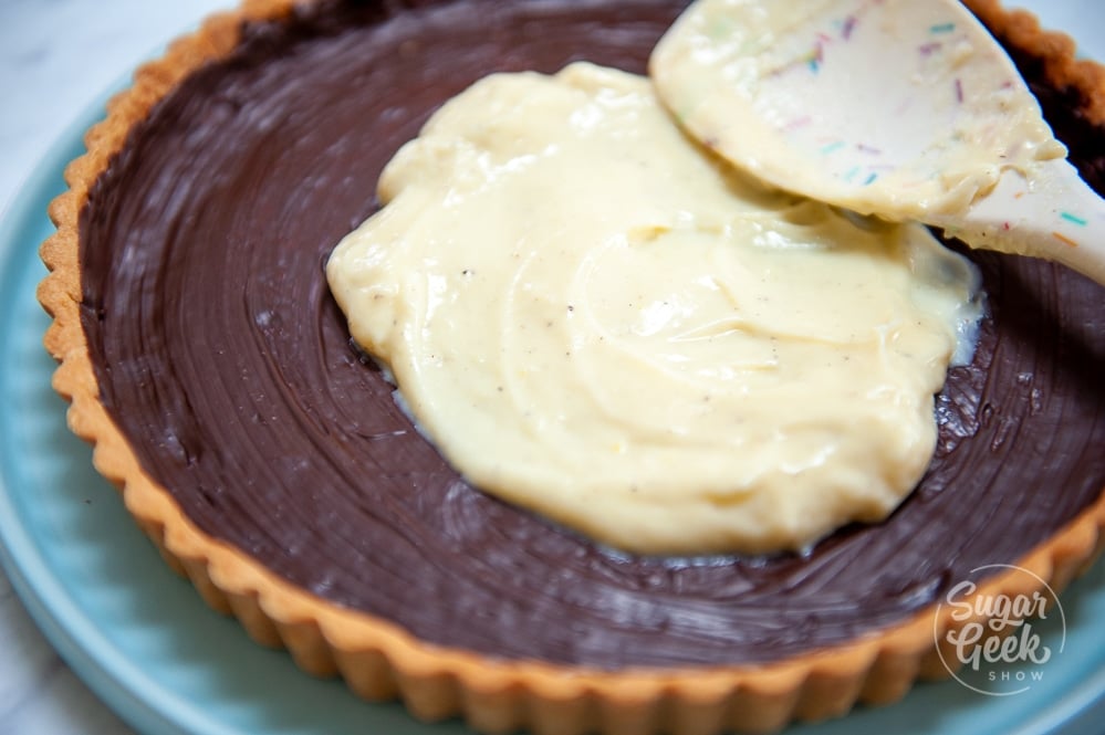 filling a tart shell with pastry cream and white spoon
