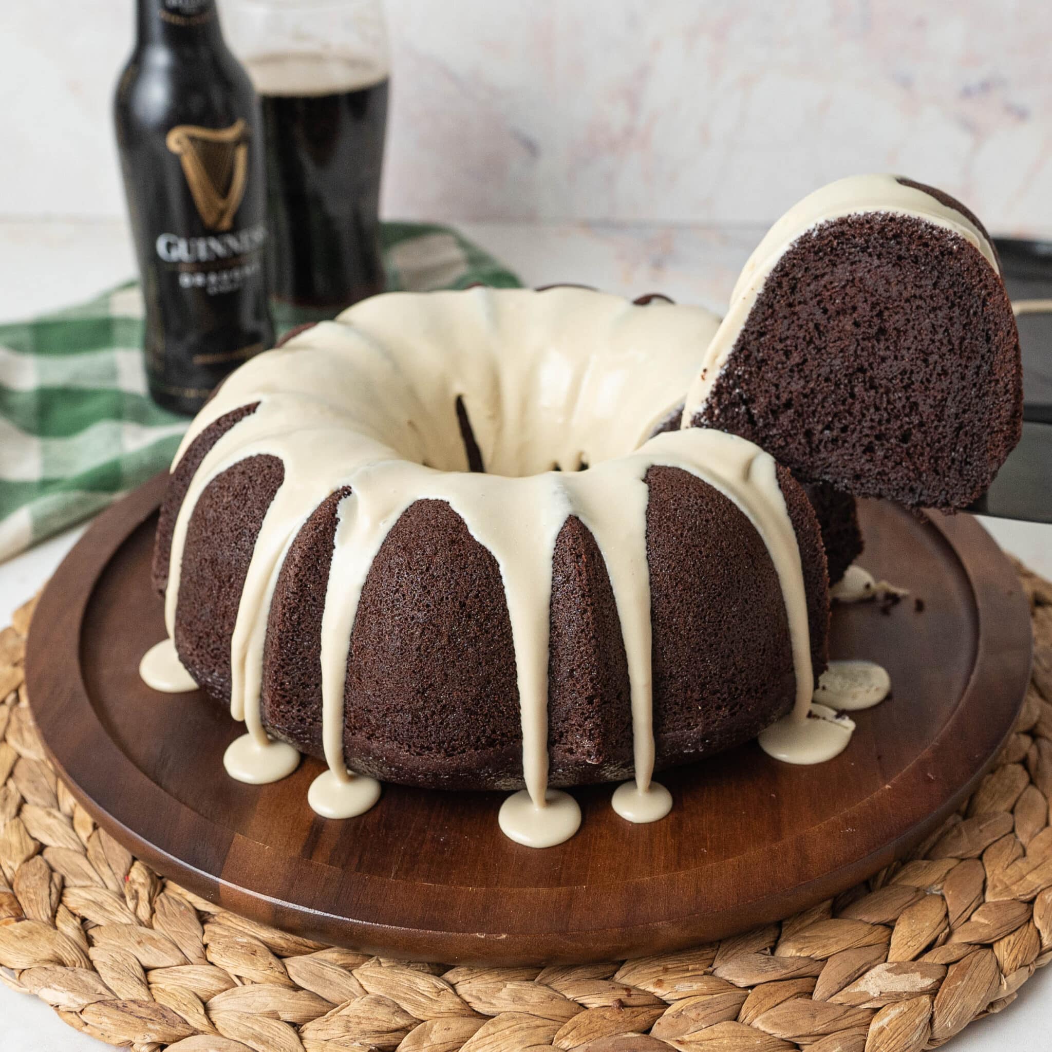 slice of chocolate bundt cake coming out of a cake