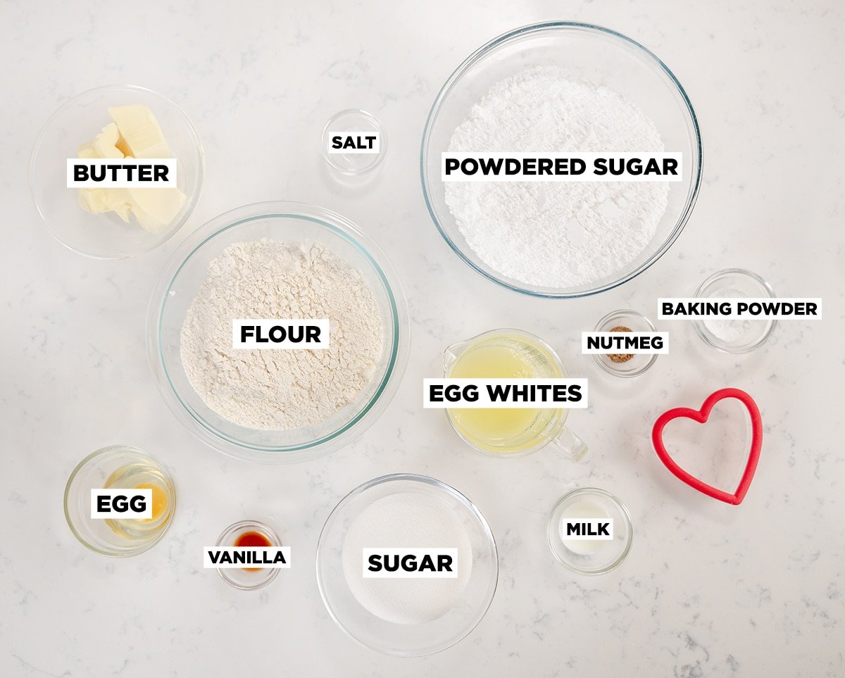 photo of ingredients for heart shaped cookies. 