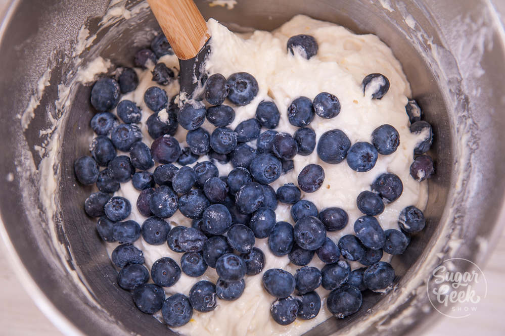 thick lemon blueberry muffin batter keeps blueberries from sinking to the bottom