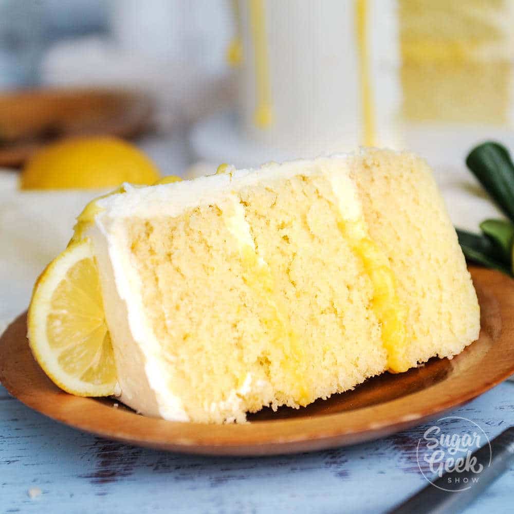 slice of lemon cake with lemon curd and lemon buttercream