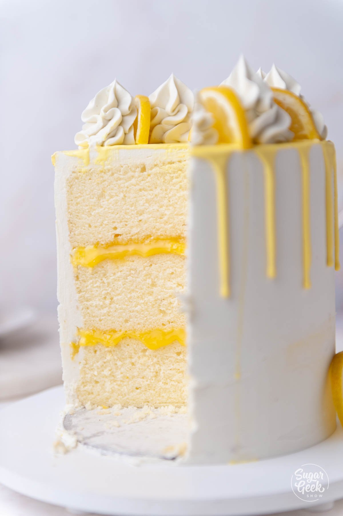 closeup of sliced lemon cake