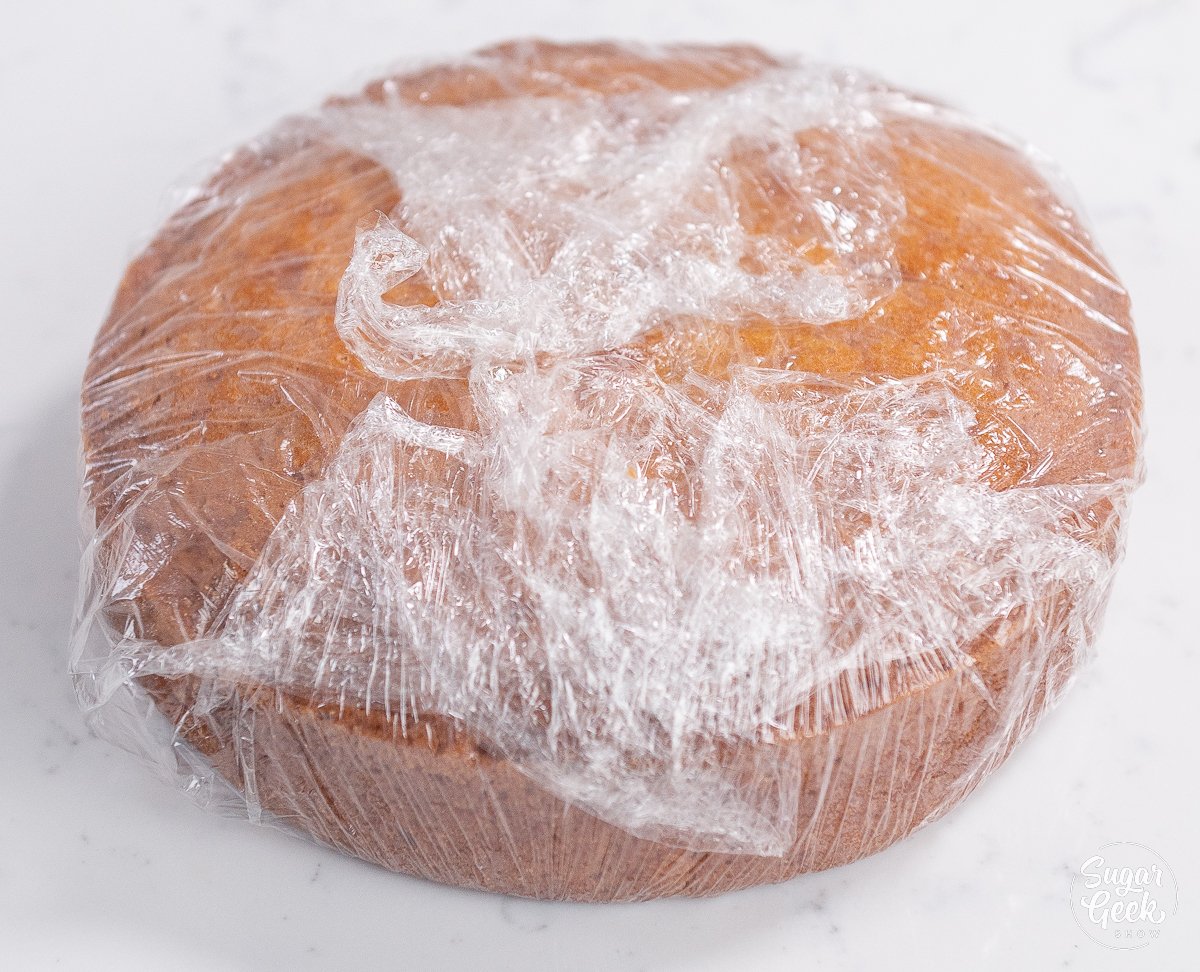 cake wrapped in plastic wrap