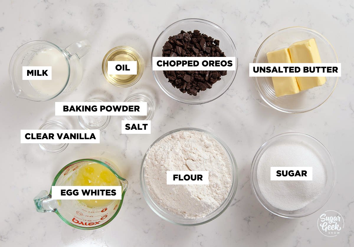 oreo cake ingredients in clear bowls