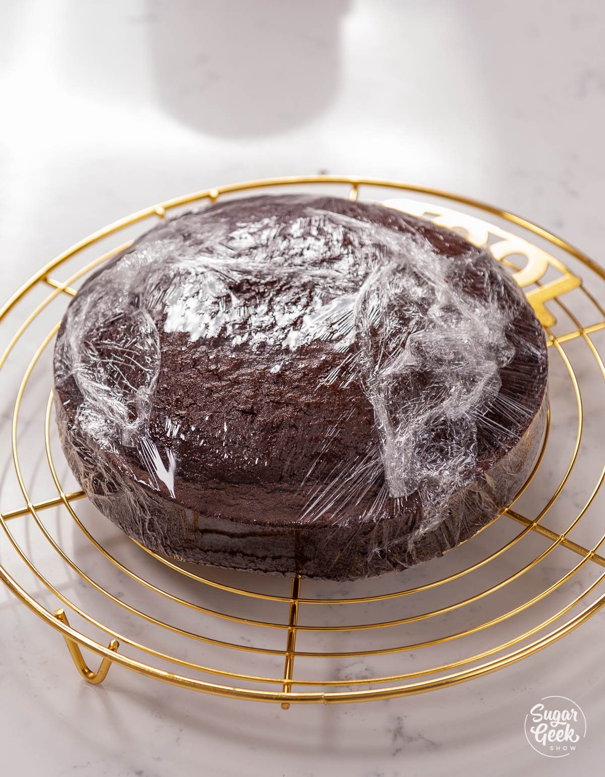chocolate cake wrapped in plastic wrap