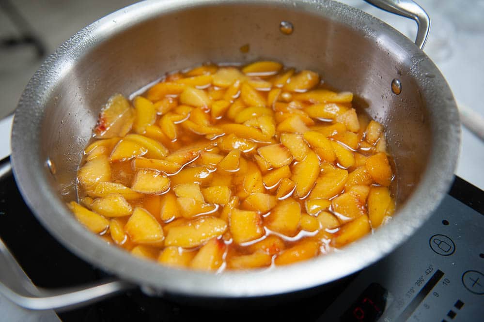 peach filling in a stainless steel pan