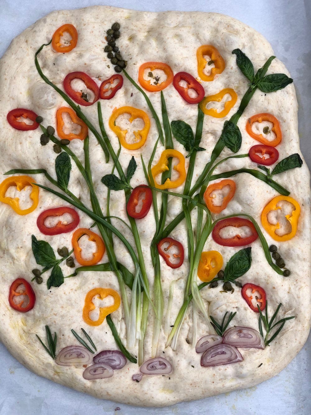 focaccia bread with sliced bell peppers, chives, herbs and shallots shot from above