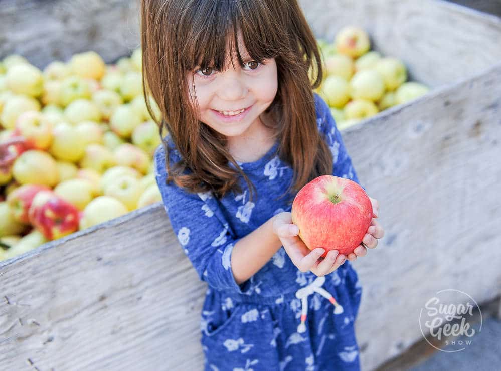 Little girl in blue dress holding an apple