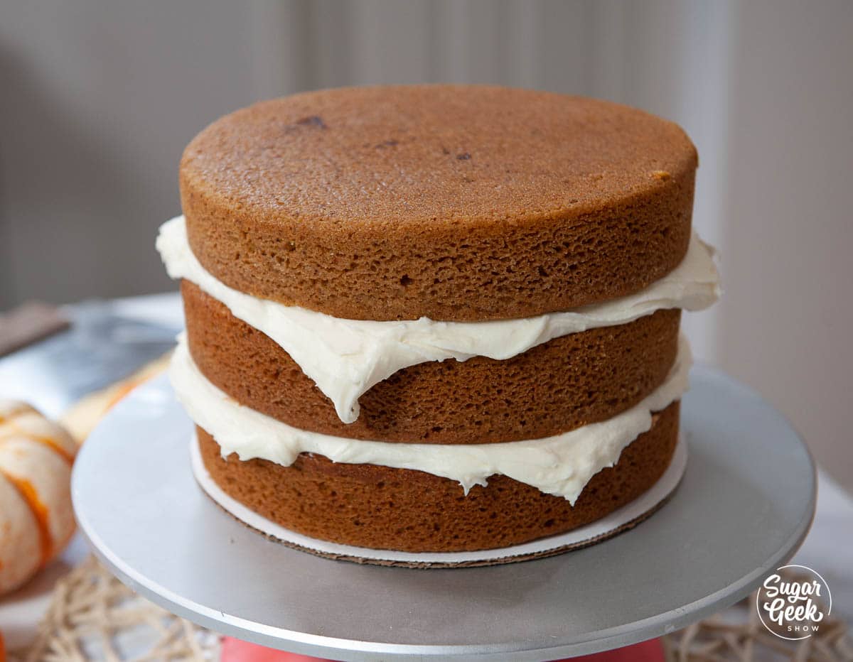pumpkin cake layers with cream cheese frosting
