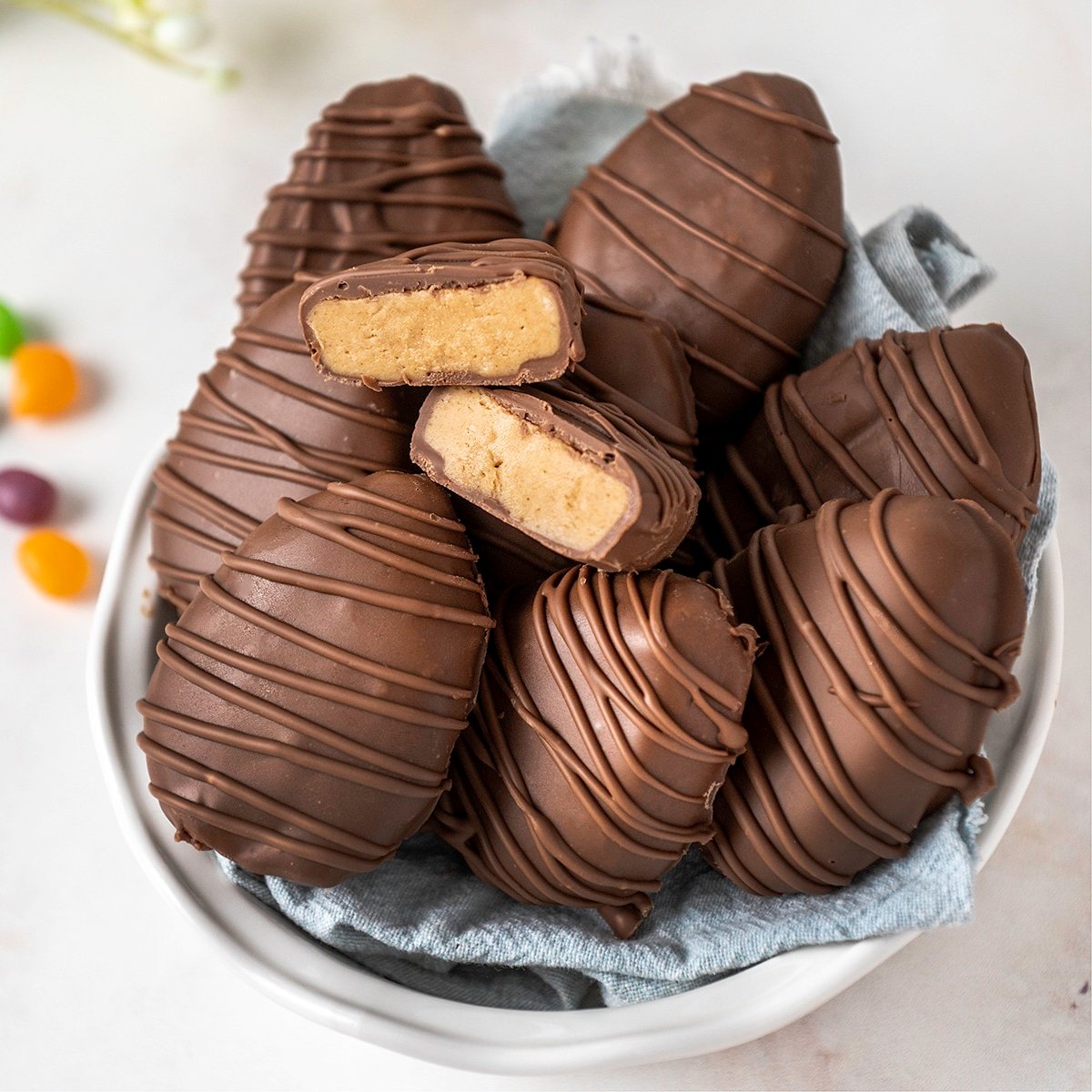 peanut butter eggs layered in a bowl
