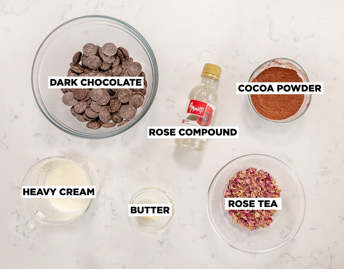 Ingredients in bowl for rose flavored truffles