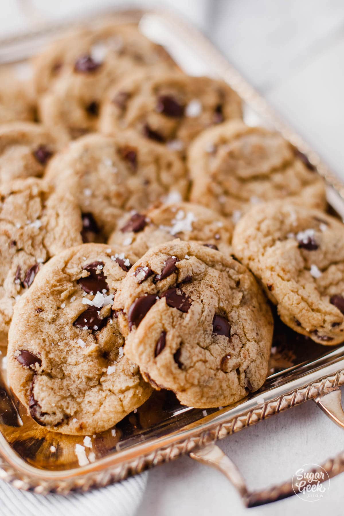 close up of a tray of chocolate chip cookies