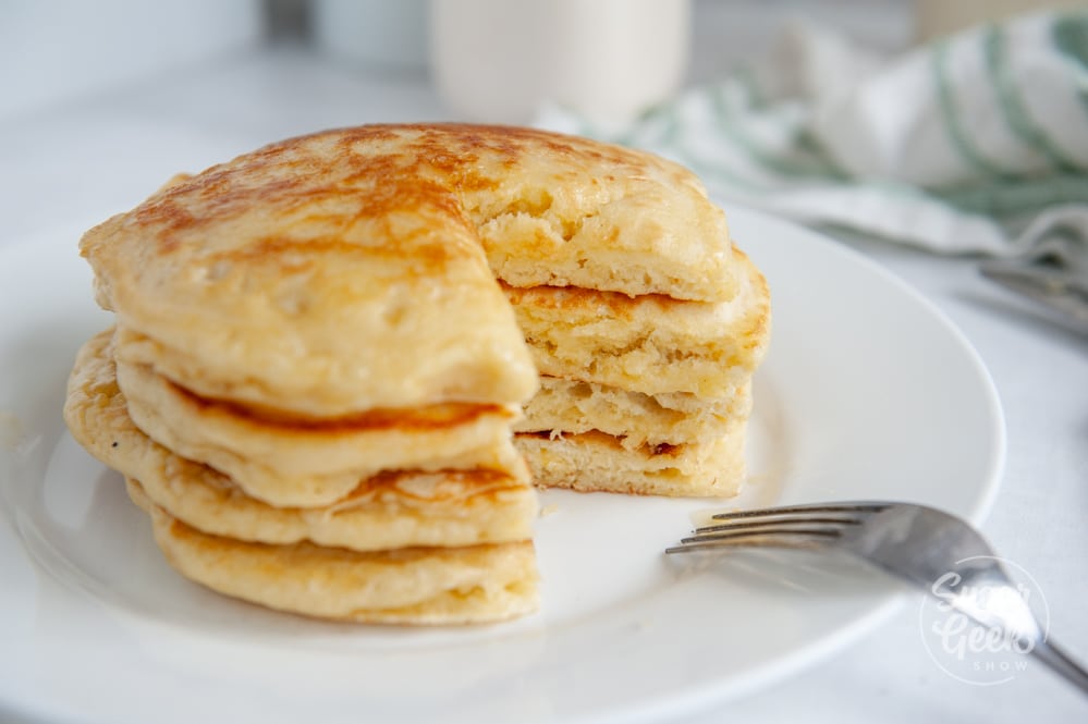sourdough pancakes with part cut out