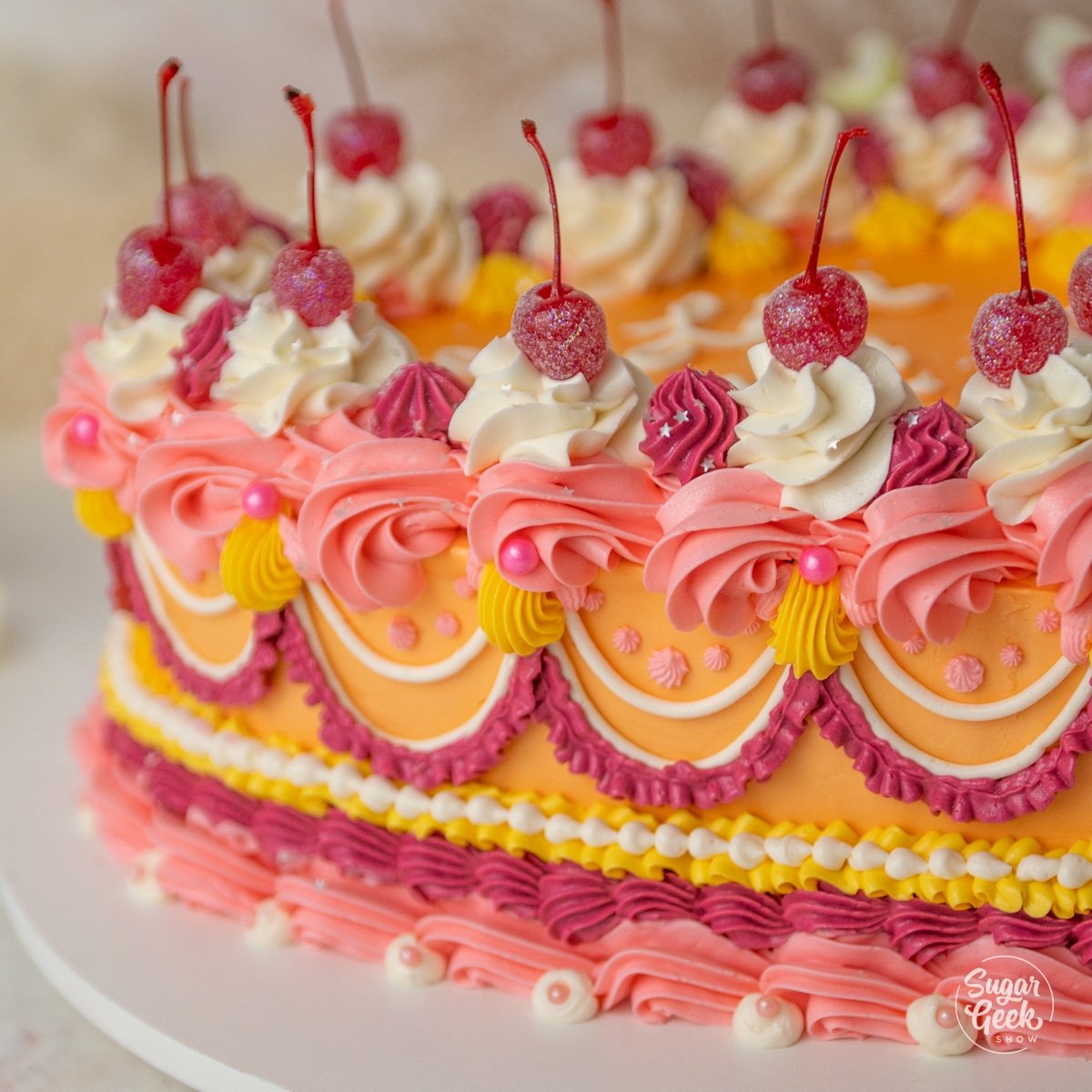 closeup of vintage heart piped cake