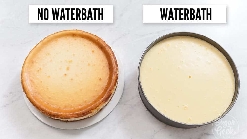 comparing cheesecake baked in a waterbath and no waterbath. one has a browned surface and one does not