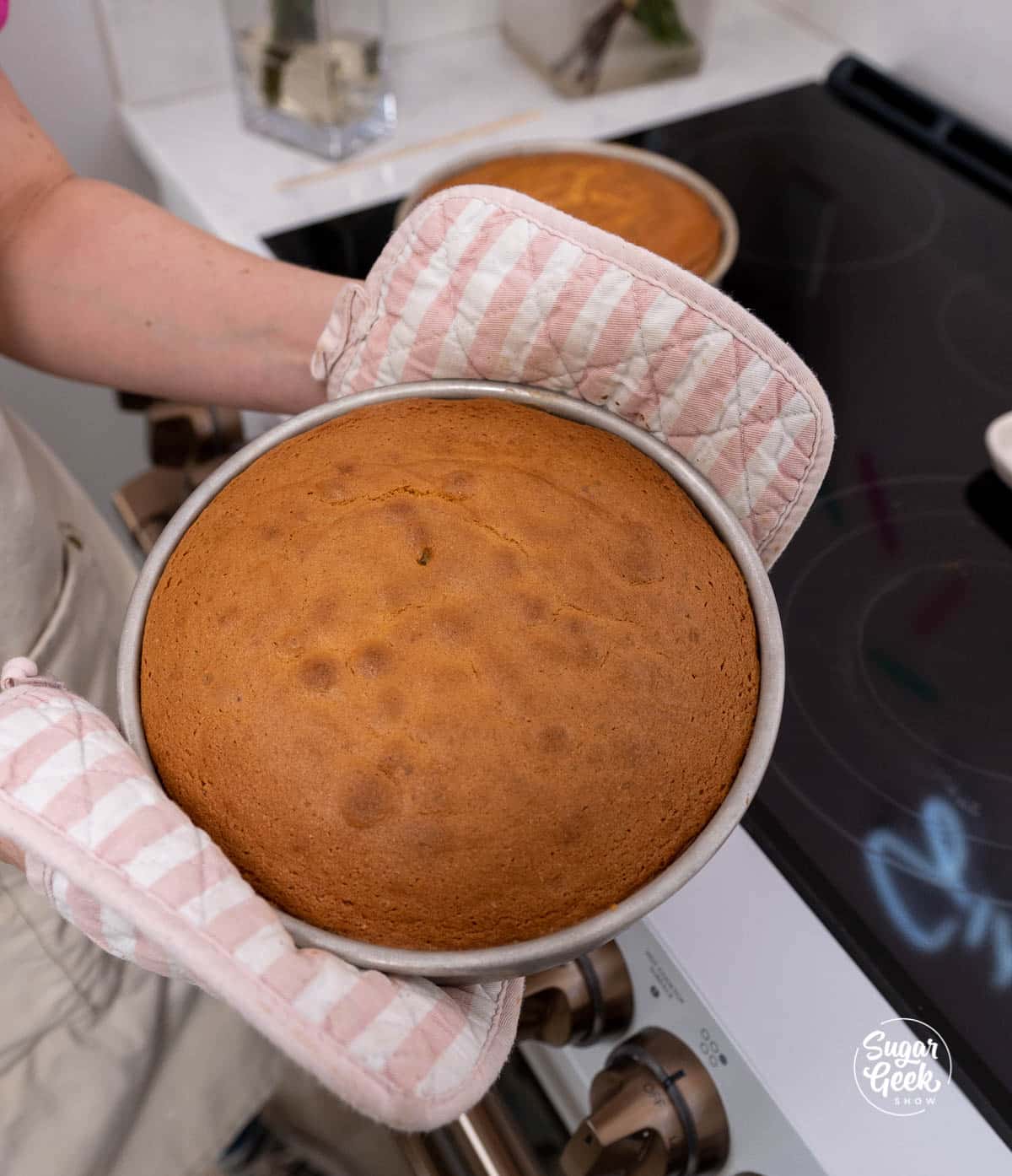 hands with pot holders holding a hot cake pan