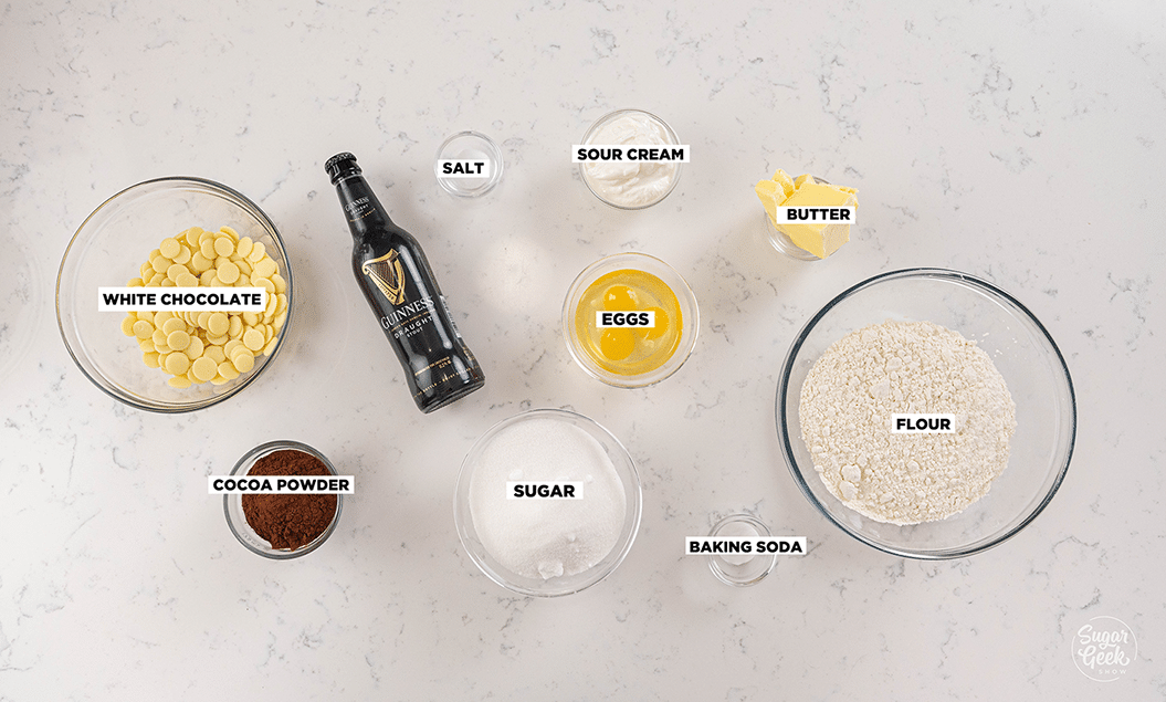 ingredients for Guinness cake in bowls on a table